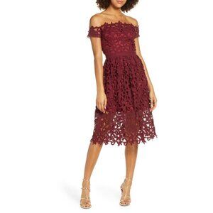 Chi Chi London Burgundy Lace Floral Midi Dress Off Shoulder Design Womens Size S